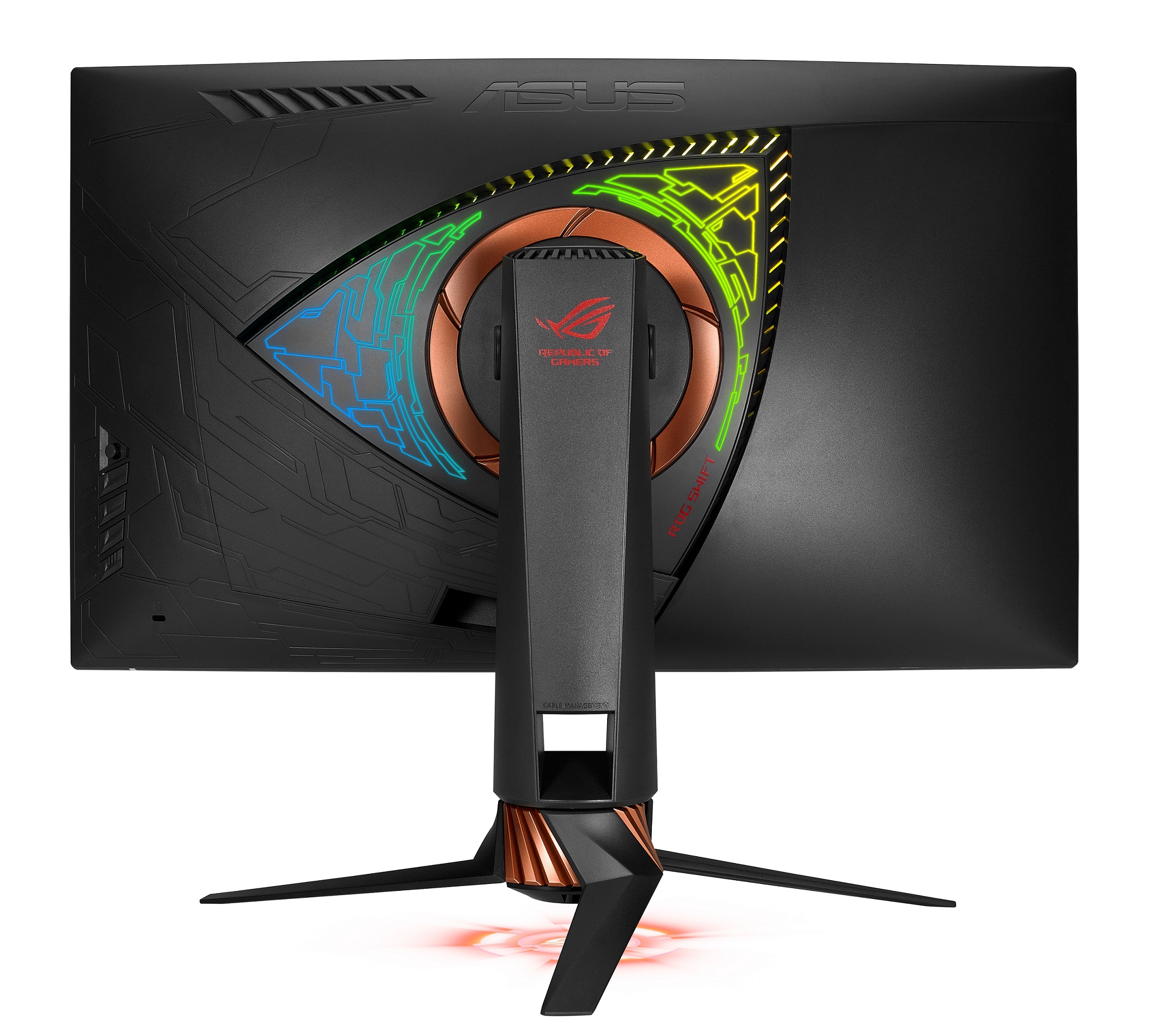 ROG Swift PG27VQ內建獨家Aura Sync同步燈效，玩家可與其他支援Aura功能的周邊裝置相互搭配，在遊戲時展現個人電競風采。