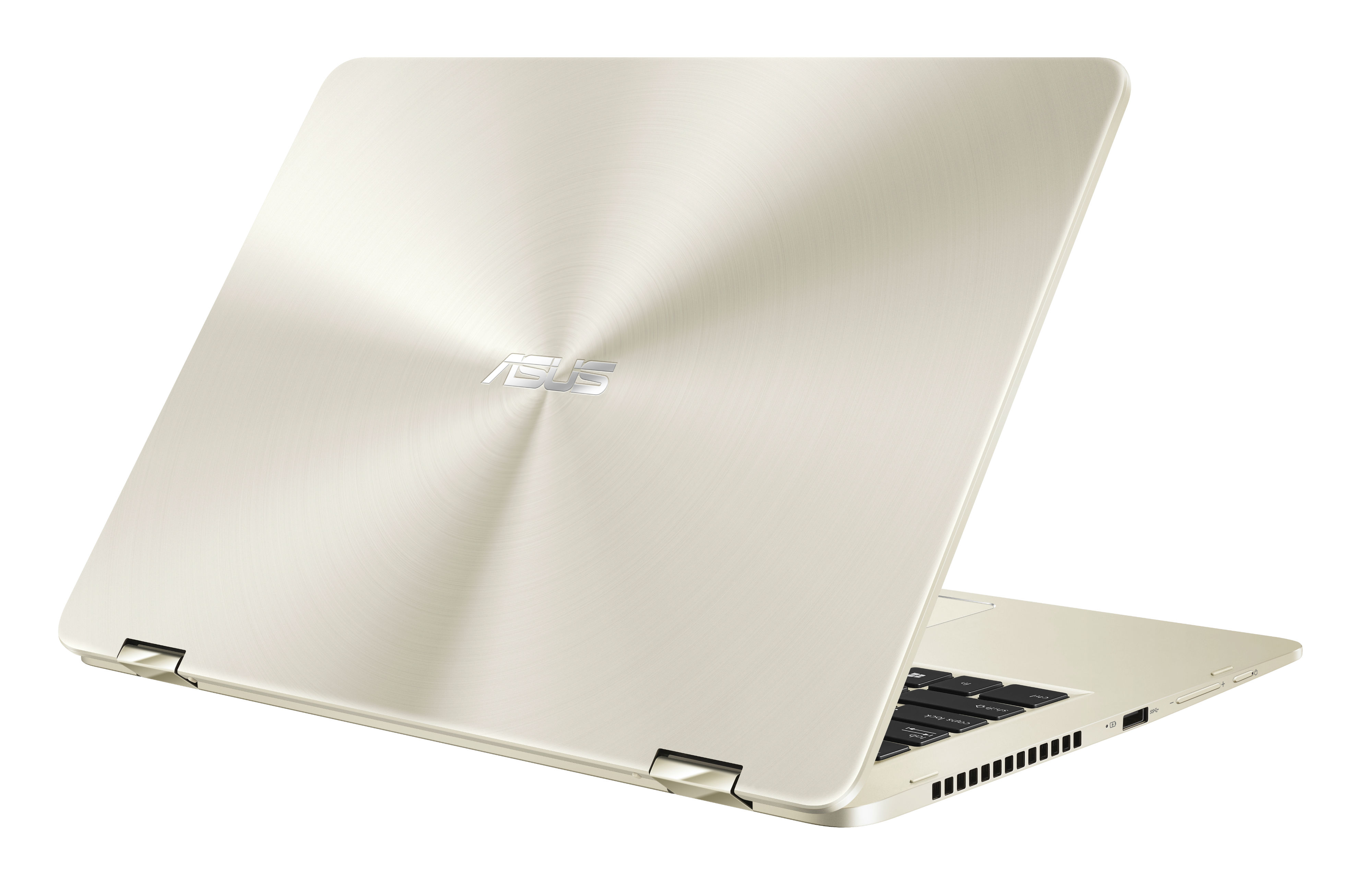ASUS ZenBook Flip 14絕美別緻的「冰柱金」個性配色，搭配獨家同心圓髮絲紋經典設計，讓筆電也能成為展現個人自我與自信態度的3C精品配件。